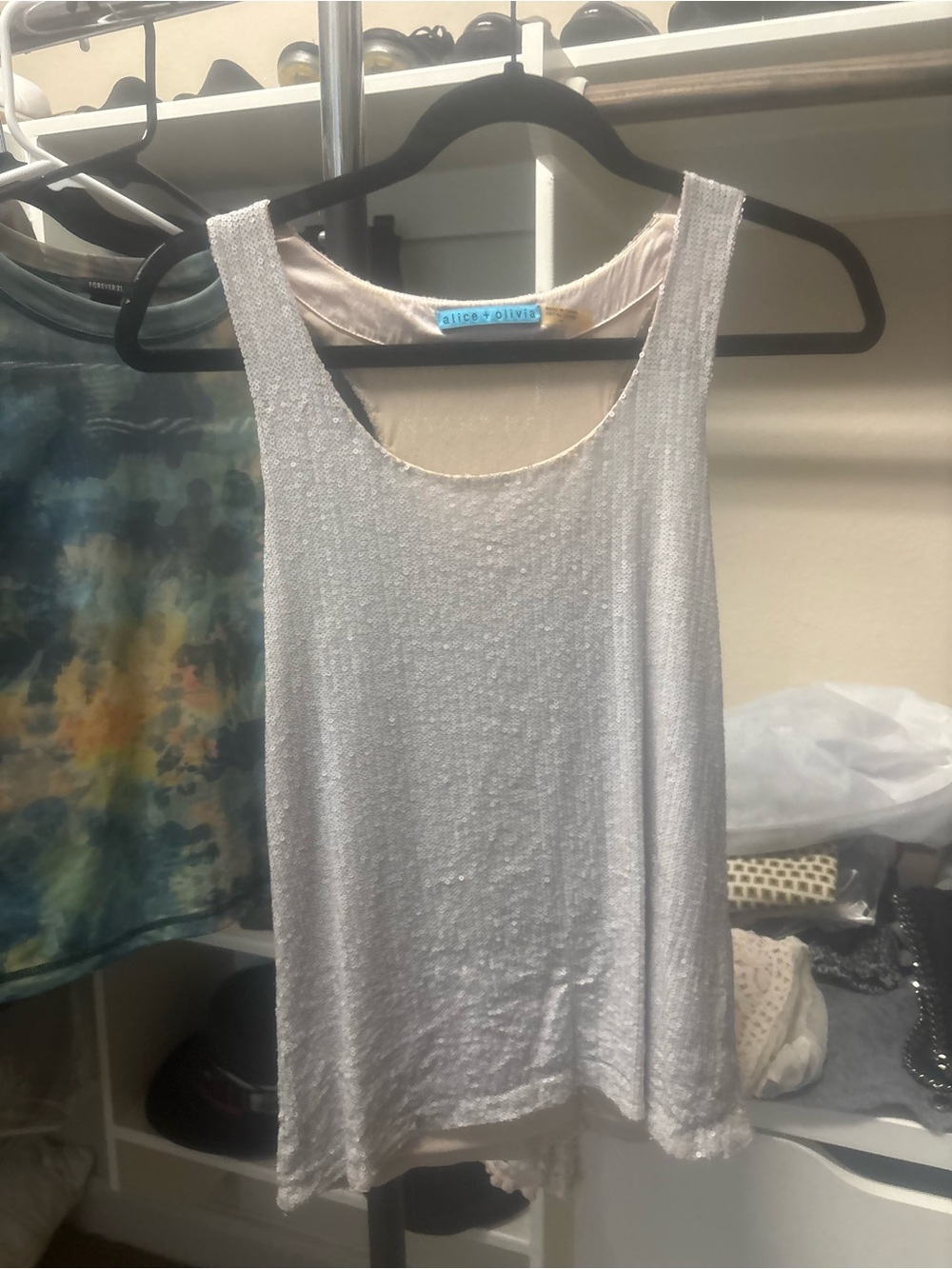 Alice + Olivia Silver Sequin Tank Top